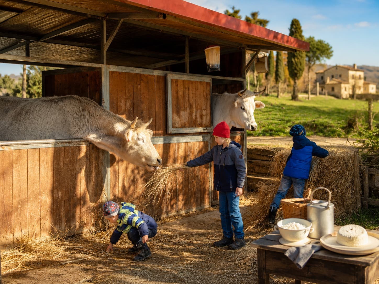 Children visiting the animals at our farm in Tuscany