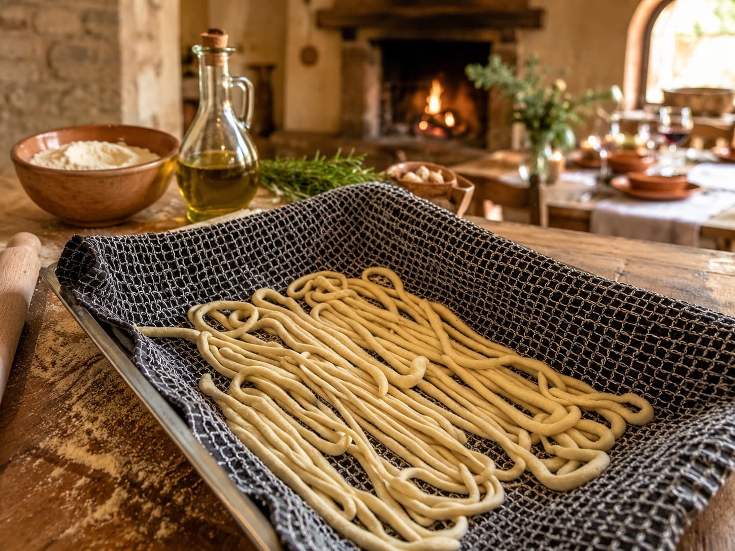 Freshly prepared pici pasta in a Tuscan kitchen