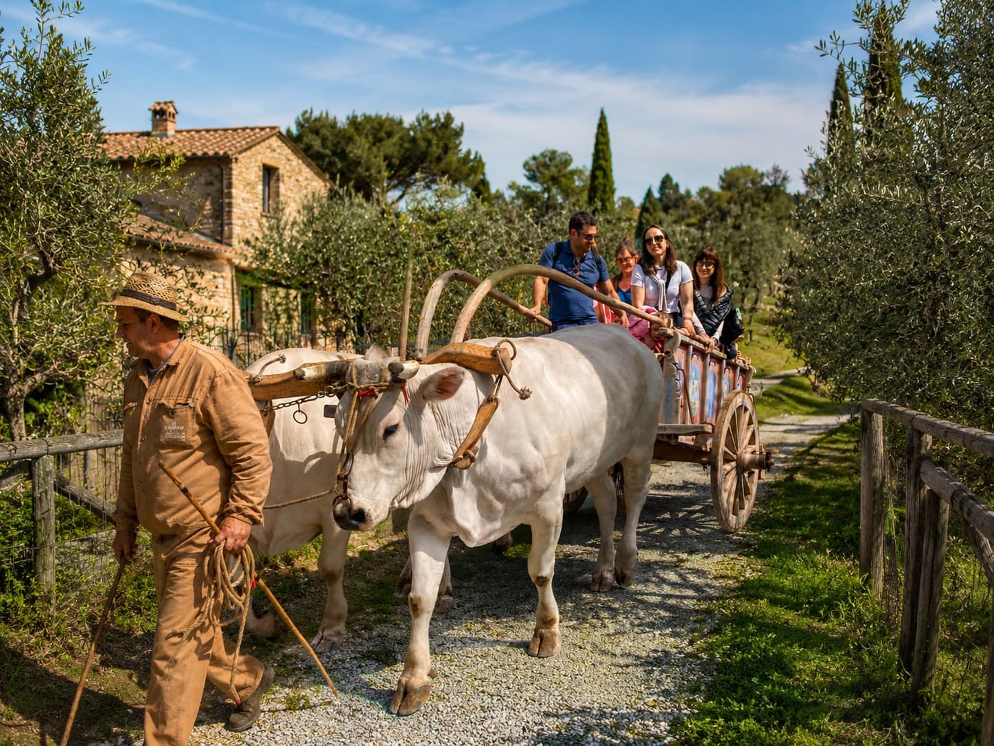 Traditional ox cart travelling through the Tuscan countryside